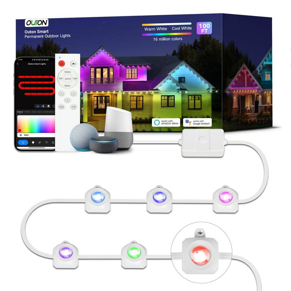 BICIK RGBIC Permanent 72 Light 100 ft. Outdoor Plug-In Integrated LED  Novelty String-Light with IP65 Waterproof Housing H-WYD02-US-W - The Home  Depot, image size:1000x1000