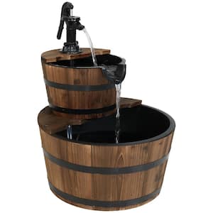23 in. 2-Tier Country Wood Barrel Outdoor Water Fountain