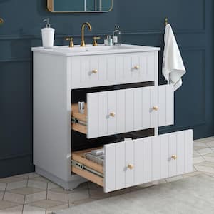 30 in. x 18 in. x 34 in. Functional Freestanding Storage Bath Vanity Cabinet in White with White Caremic Sink Top
