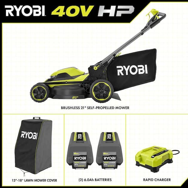 40V HP Brushless 21 in. Cordless Walk Behind Self-Propelled Mower w/ UV Resistant Cover, (2) 6.0Ah Batteries and Charger
