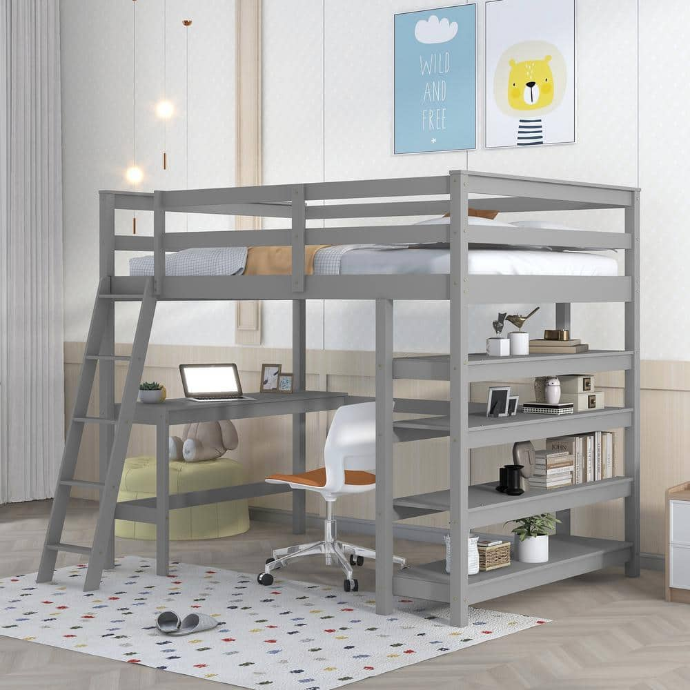 URTR Full Size Wood Gray Loft Bed With Desk, Ladder, Loft Beds With ...