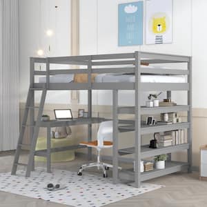 Full Size Wood Gray Loft Bed with Desk, Ladder, Loft Beds with Storage Shelves, Wood Loft Bed Frame for Bedroom, Kids