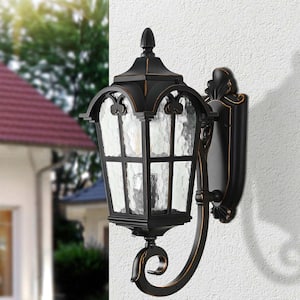 Matte Black and Gold trim Dusk to Dawn Outdoor Hardwired Wall Lantern Sconce with No Bulbs Included