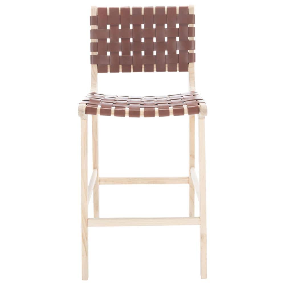 Cognac Leather and Natural Wood Counter Stool