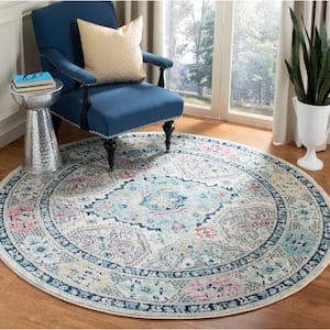 Madison Light Gray/Fuchsia 7 ft. x 7 ft. Round Distressed Floral Area Rug