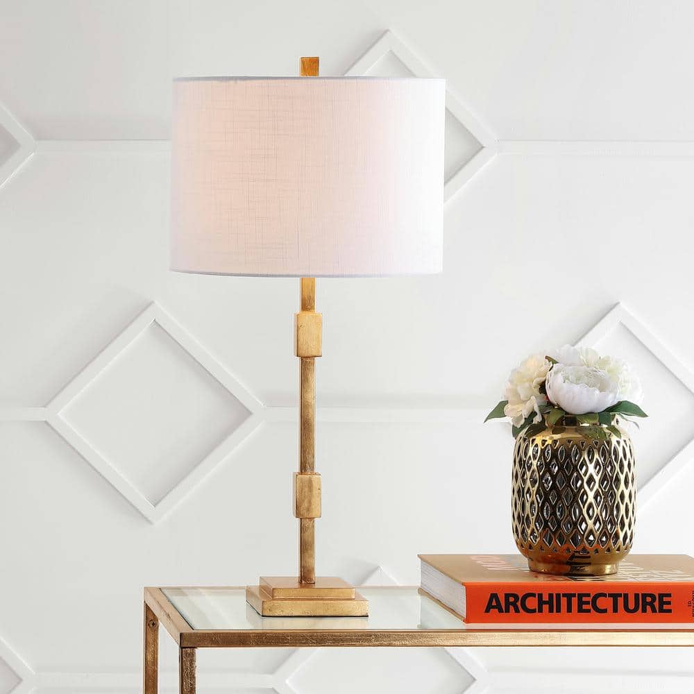 Transitional 29" Gold Leaf Column Table Lamp with Linen Shade