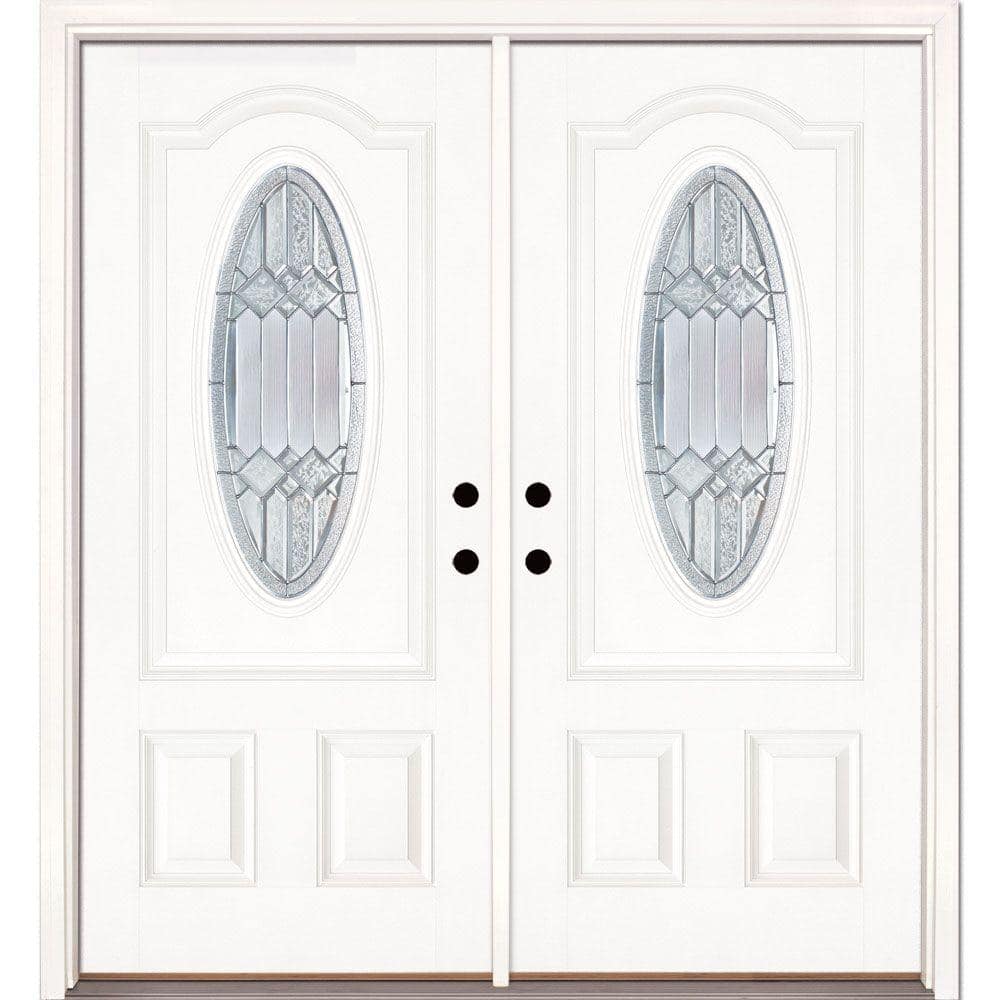 Feather River Doors 66 in. x 81.625 in. Mission Pointe Zinc 3/4 Oval Lite Unfinished Smooth Left-Hand Fiberglass Double Prehung Front Door, Smooth White: Ready to Paint -  182170-400