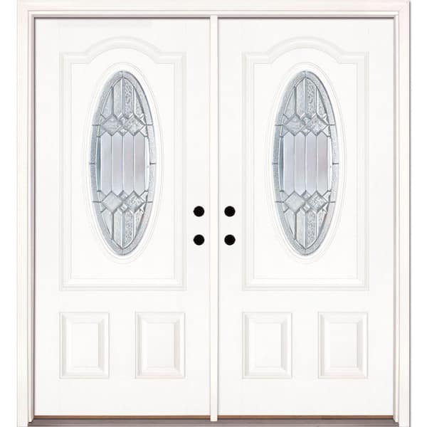 Feather River Doors 66 in. x 81.625 in. Mission Pointe Zinc 3/4 Oval Lite Unfinished Smooth Left-Hand Fiberglass Double Prehung Front Door