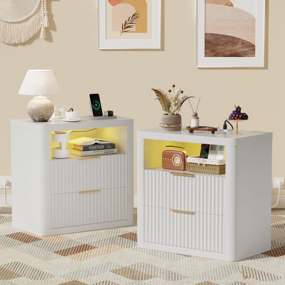 LACOO Fluted Whtie Nightstand Set of 2 with LED Lighting, 2 Drawers and ...