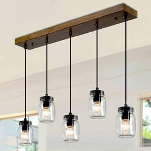 Industrial Kitchen Island Faux Wood Chandelier Farmhouse 5-Light Dining Room Black Chandelier with Mason Jar Shades