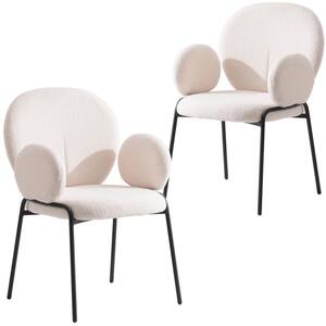 Celestial Boucle Dining Chair Upholstered Seat and Back in Black Powder Coated Iron Frame Set of 2, White