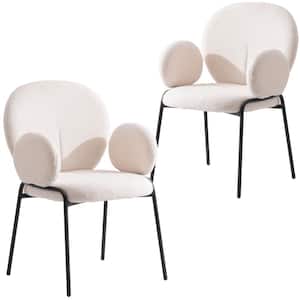 Celestial Boucle Dining Chair Upholstered Seat and Back in Black Powder Coated Iron Frame Set of 2, White