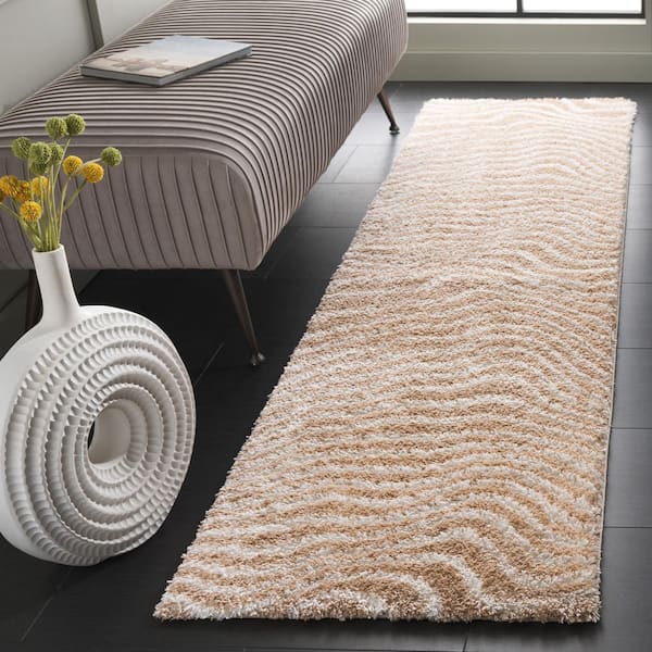 Tahoe Shag 2 ft. x 8 ft. Gold/Ivory Wavy Striped Runner Rug
