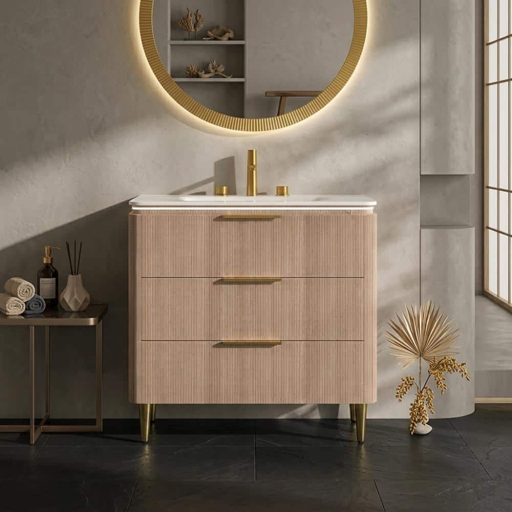 "36"" Single Sink Light Oak Woodgrain Bath Vanity with Carrara White Sintered Stone Top (Pre-assembled)" price history on PriceWatchPro