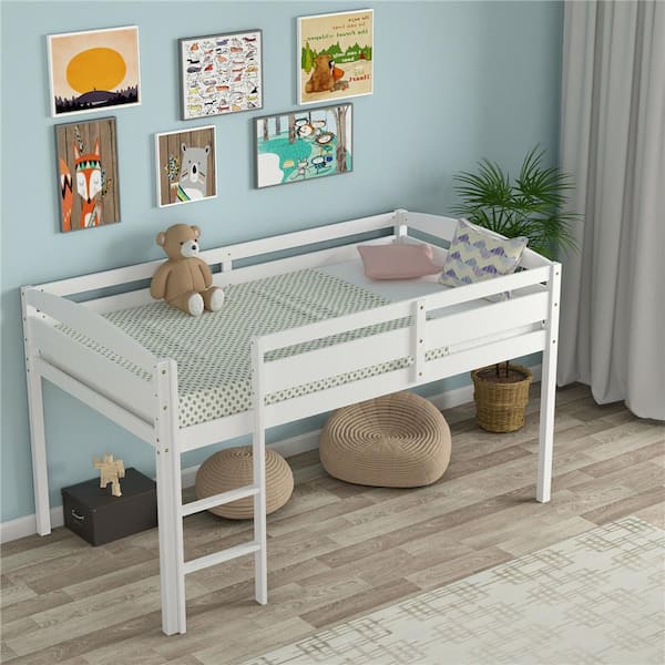 Twin Low Loft Bunk Junior Bed Bedroom Wooden Guard Rail Ladder White