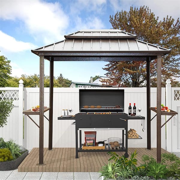 8 ft. x 6 ft. Outdoor Brown Double Canopy Hardtop Roof Aluminum Frame Gazebo with Shelves Serving Tables, for Patio BBQ