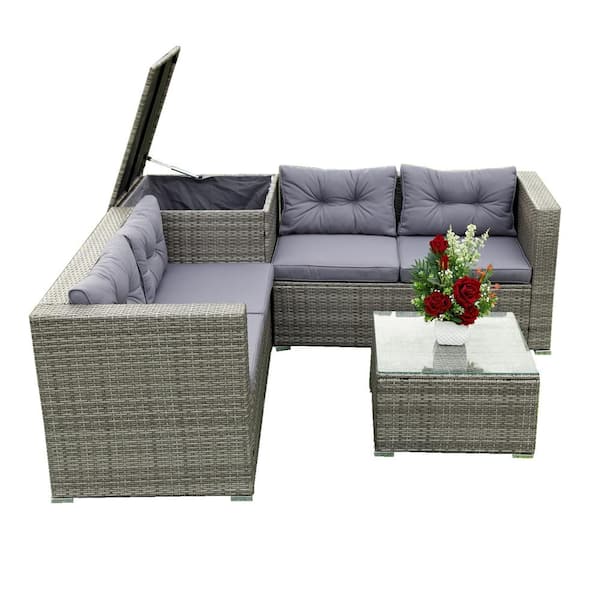 URTR 4-Piece Rattan Patio Conversation Set Outdoor Wicker Sectional Sofa Set with Table, Storage Box for Garden, Gray Cushion