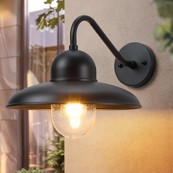 12 in. 1-Light Outdoor Black Hardwired Barn Wall Sconce with Clear Seed Glass Shade with No Bulbs Included