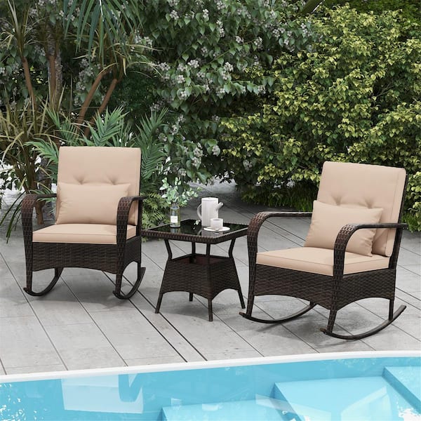 Gymax 3-piece Wicker Outdoor Rocking Set Patio Conversation Set w/Tempered Glass Coffee Table Brown Cushions
