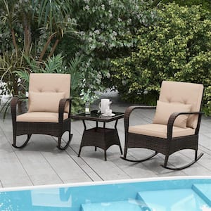 3-piece Wicker Outdoor Rocking Set Patio Conversation Set w/Tempered Glass Coffee Table Brown Cushions