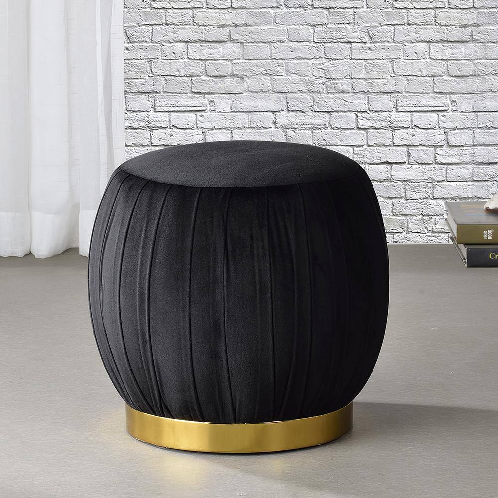 Meelano Luxe Round Black Velvet Ottoman with Gold Cylinder Base