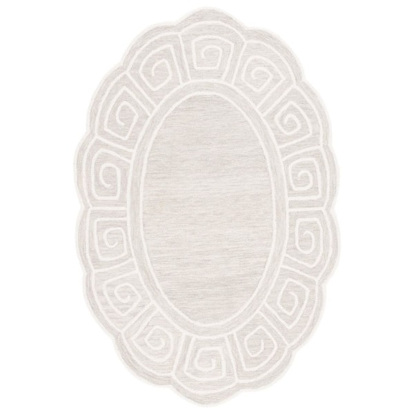 Novelty 5 ft. x 7 ft. Beige/Ivory Swirl Border Oval Area Rug