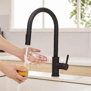 Single Handle Touchless Gooseneck Pull Down Sprayer Kitchen Faucet Modern Smart 1 Hole Solid Brass Taps in Matte Black