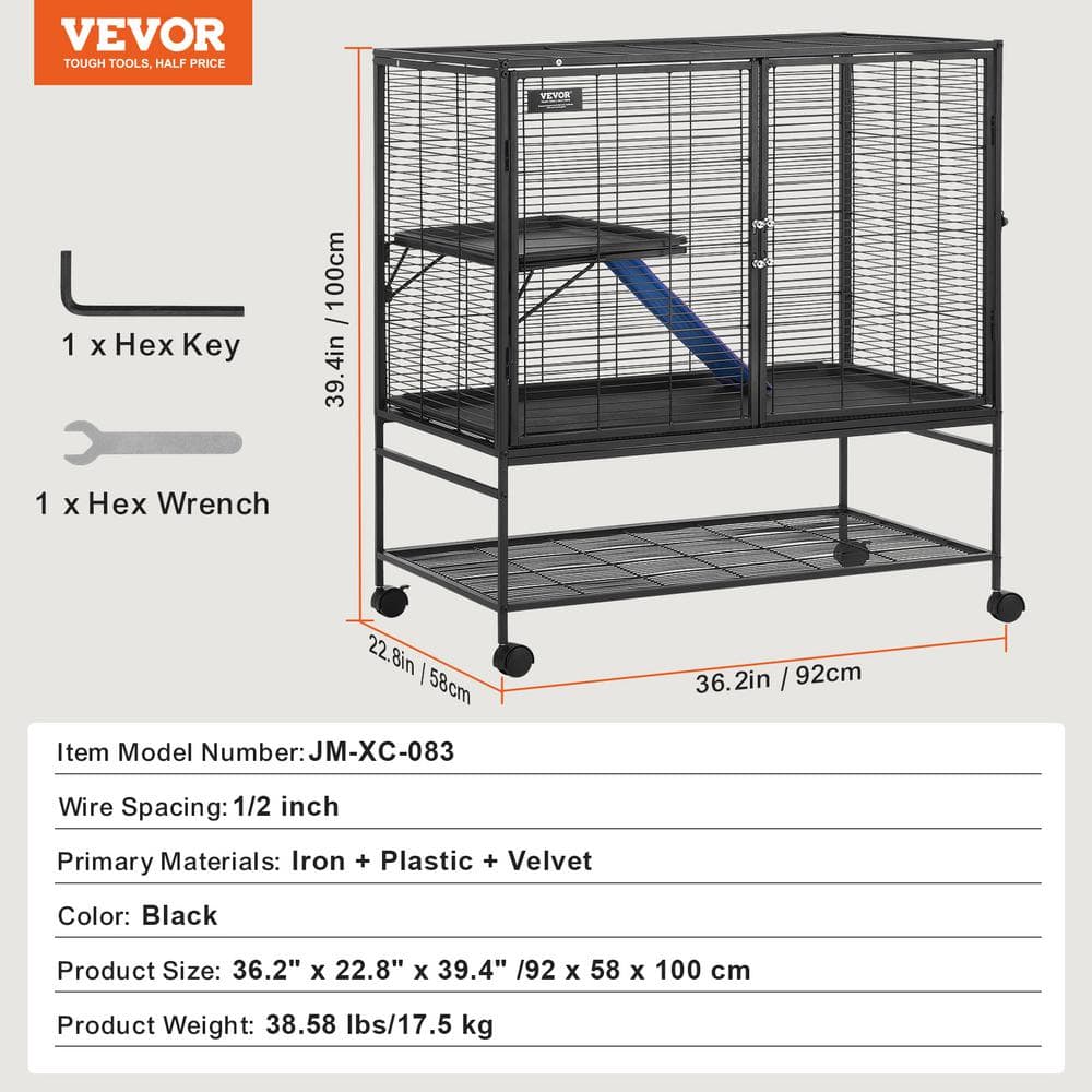 39" Black Metal 2-Tier Rolling Small Animal Cage