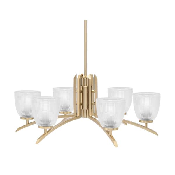 Unbranded Siena 26.5 in. 6-Light New Age Brass Chandelier with 5 in. Clear Ribbed Glass Shades, no bulbs included