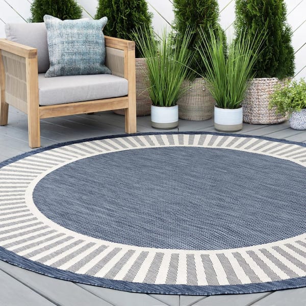 Eco Striped Border Navy 6 ft. Round Indoor/Outdoor Area Rug
