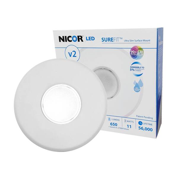 NICOR SureFit(v2) 5.2 in. Round White Ultra Slim LED Flush Mount 2700K