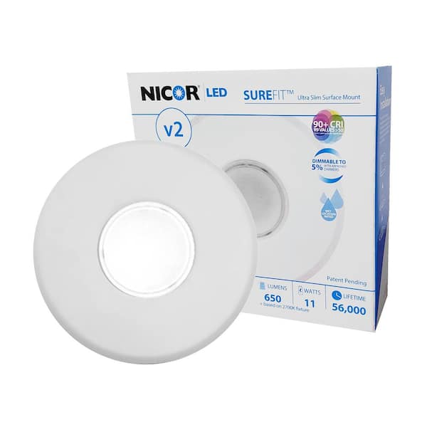 NICOR SureFit(v2) 5.2 in. Round White Ultra Slim LED Flush Mount 2700K