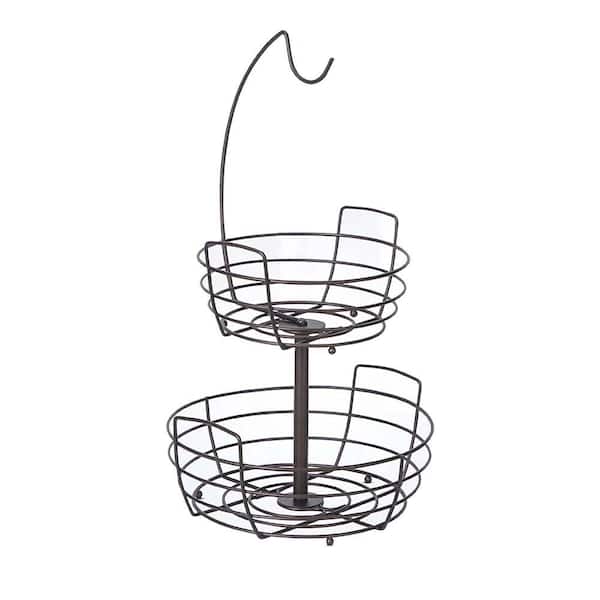 AULEDIO 1-Piece 2 Tier Metal Fruit Basket with Banana Hanger, Storage Bowl with Handle, Bronze