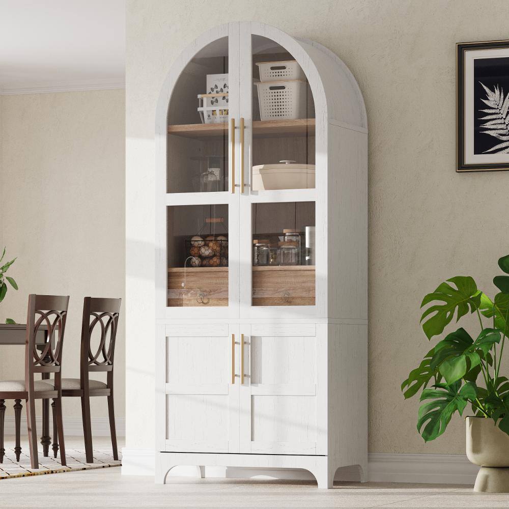 K&K 71" Arched Kitchen Pantry with Glass Door & Hidden Drawer, White
