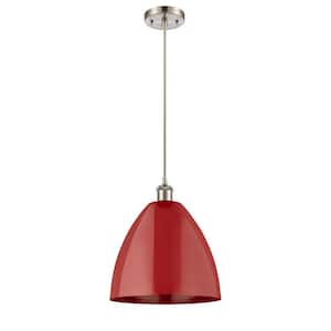 Plymouth Dome 1-Light Brushed Satin Nickel Cone Pendant Light with Red Metal Shade