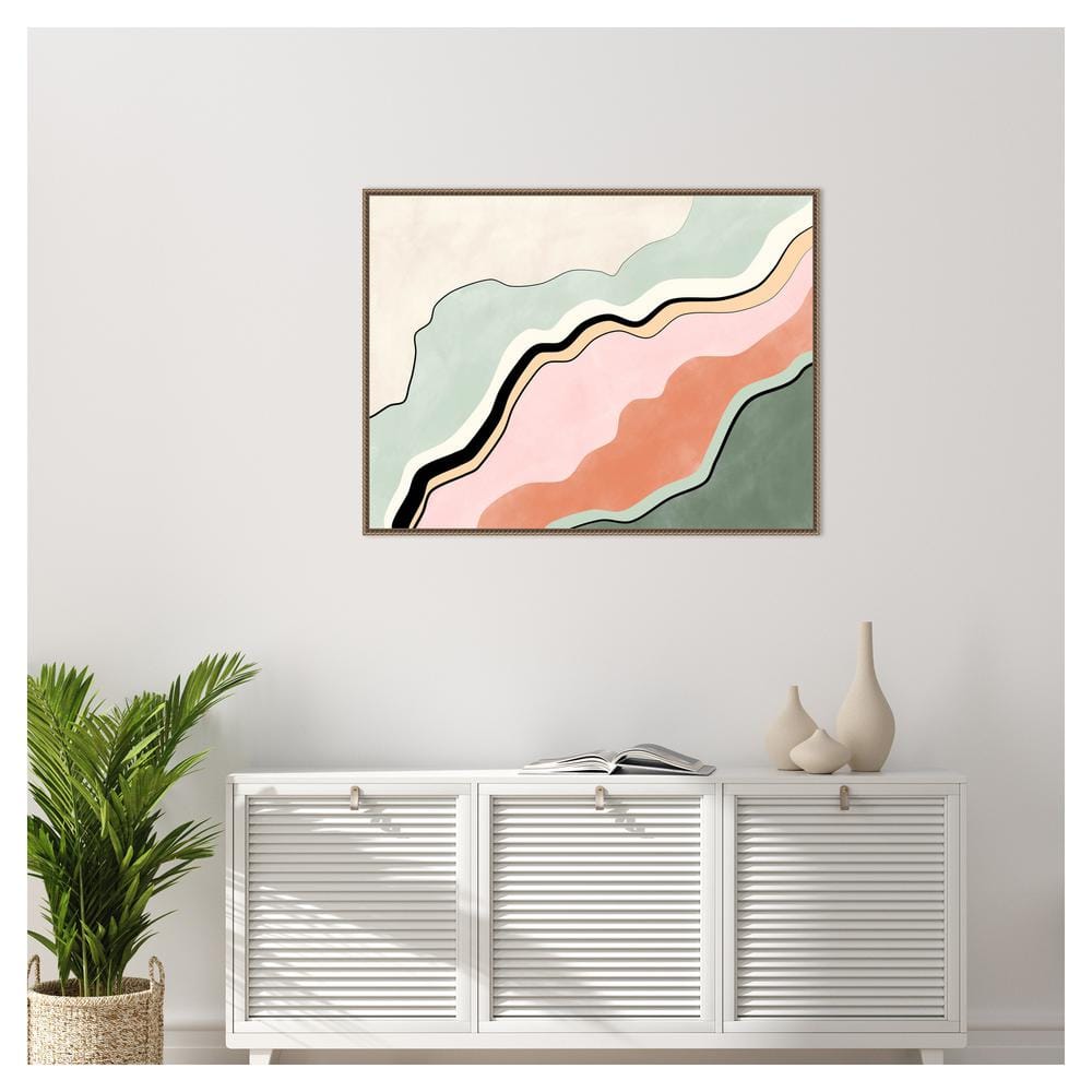 Pink and Green Abstract Canvas with Beaded Frame, 42"x32"