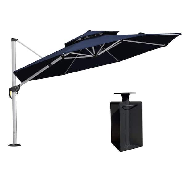 PURPLE LEAF 12 ft. Octagon High-Quality Aluminum Cantilever Polyester Outdoor Patio Umbrella with Base in Ground, Navy Blue
