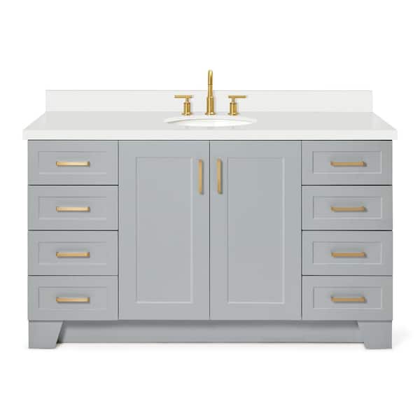 Taylor 61 in. W x 22 in. D x 36 in. H Freestanding Bath Vanity in Grey with Pure White Quartz Top
