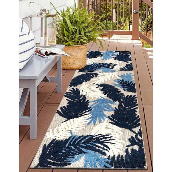 Tropical Floral Modern Indoor/Outdoor Navy 2 ft. 7 in. x 12 ft. Runner Rug