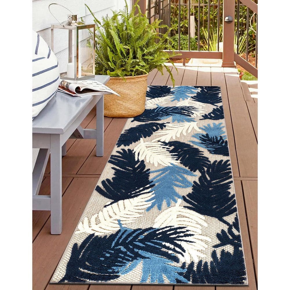 World Rug Gallery Tropical Floral Modern Indoor/Outdoor Navy 2 ft