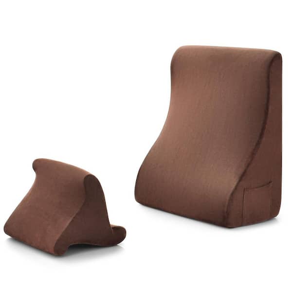 Brown 19 in. x 9.5 in. Memory Foam Bed Wedge Throw Pillow (Set of 2) with Tablet Pillow Stand and Side Pockets