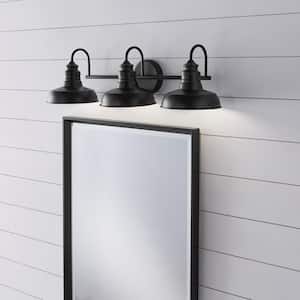 Elmcroft 29 in. 3-Light Matte Black Modern Farmhouse Bathroom Vanity Light with Metal Shades