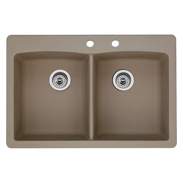 Blanco Diamond Dual-Mount Granite 33 in. 2-Hole 50/50 Double Bowl Kitchen Sink in Truffle