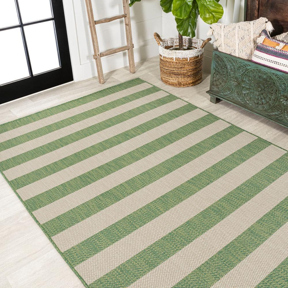 Ivory and Green Wide Stripe 5x8 Synthetic Area Rug