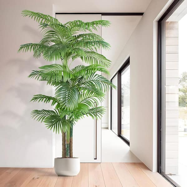 7.5 ft Artificial Triple Stalk Golden Cane Palm Tree in black Pot for Indoor/Outdoor Office House Living Room Home Decor