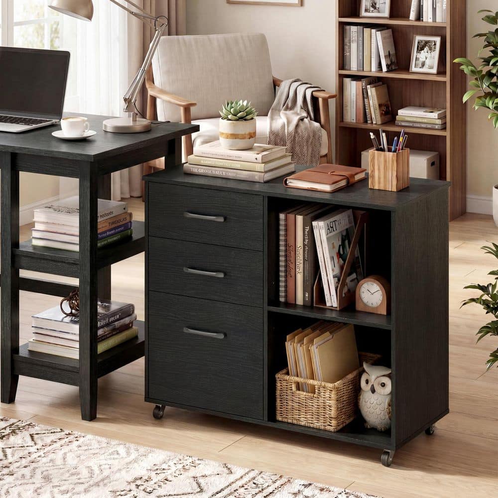 Black 26.0 in. H Drawer Mobile File Cabinet Rolling Printer Stand with Multi-Drawer and 1-Shelf and Rolling Wheels