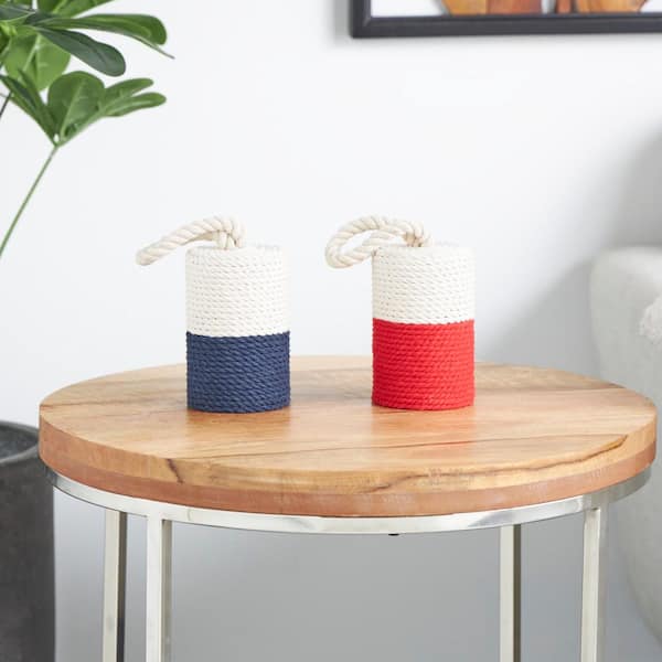 Litton Lane Cream Cotton Fabric Coiled Colorblock Buoy Sculpture with Red and Blue Bases (Set of 2)