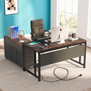 Lantz 55.1 in. L-Shaped Desk Brown Engineered Wood 2-Drawers Executive Desk with File Cabinet