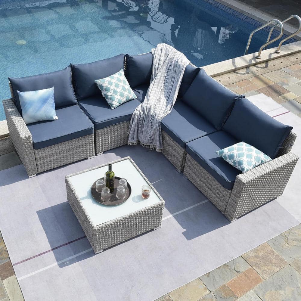 Grey 6-Piece Wicker Outdoor Sectional Sofas Set Patio Conversation Set with