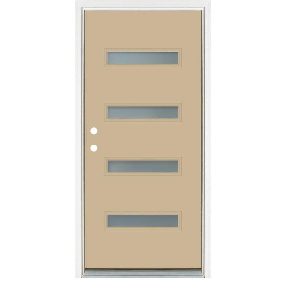 36 in. x 80 in. Smooth Latte Right-Hand Inswing 4 Lite Frosted Painted Fiberglass Prehung Front Door price history on PriceWatchPro